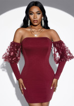 Women Sexy Casual Solid Off Shoulder Puff Sleeve Dress