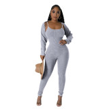 Women's Straps U Neck Sexy Tight Fitting Jumpsuit Long Sleeve Coat Two Piece Set