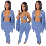 Women's Clothing Knotted Wool Cardigan Tight Fitting Slit Trousers Bra Three-Piece Outfit