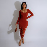 Autumn Solid Color Round Neck Long Sleeve Sexy Hollow High Waist Bodycon Dress