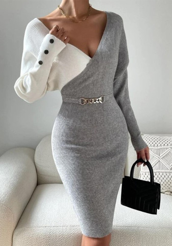 Women Autumn and Winter V-Neck Contrast Color Sexy Bodycon Knitting Dress