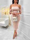 Women Sexy Summer Solid Off Shoulder Pleated Dress