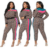 Autumn Slim Fit Set Stylish Leopard Color Block Zipper Two-Piece Pants Set