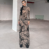 Women's Fall Fashion Mesh Print See-Through High Neck Slim Fit Dress For Women