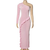 Women Autumn Solid One Shoulder Long Sleeve Ruffle Edge Patchwork Maxi Dress