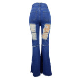 Women's Fall/Winter Style Front And Back Ripped Denim Bell Bottom Pants