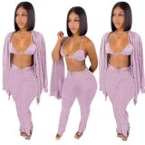 Women's Clothing Knotted Wool Cardigan Tight Fitting Slit Trousers Bra Three-Piece Outfit