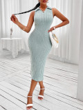 Summer Fashion Women's Solid Color Slim Waist Turndown Collar Sleeveless Knitting Dress