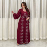 Women's Fashion Beaded Fake Two Piece Dresses Abaya Chiffon Robe