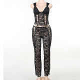 Autumn Women's Clothing Fashion Style Sexy Hollow Slim See-Through Lace Straps Two Piece Pants Set For Women