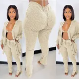 Women's Clothing Knotted Wool Cardigan Tight Fitting Slit Trousers Bra Three-Piece Outfit