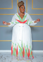 Plus Size Women's Chic V-Neck Slim Waist Printed Pleated Maxi Dress
