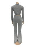 Women's Solid Color Tight Fitting Long Sleeve Bell Bottom Two Piece Pants Set
