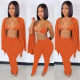 Women's Clothing Knotted Wool Cardigan Tight Fitting Slit Trousers Bra Three-Piece Outfit