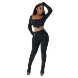 Women's Square Neck Long Sleeve Lace Up Top Sexy Tight Fitting Pencil Pants Fashion Two Piece Set