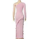 Women Autumn Solid One Shoulder Long Sleeve Ruffle Edge Patchwork Maxi Dress