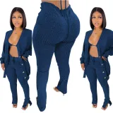 Women's Clothing Knotted Wool Cardigan Tight Fitting Slit Trousers Bra Three-Piece Outfit