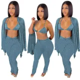 Women's Clothing Knotted Wool Cardigan Tight Fitting Slit Trousers Bra Three-Piece Outfit