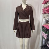 Stylish Casual Suit Slim Fit Chic Short Long Sleeve Blazer High Waist Pleated Miniskirt