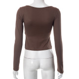 Women's Autumn Solid Color Square Neck Long Sleeve Gathered Side Slit T-Shirt Top For Women
