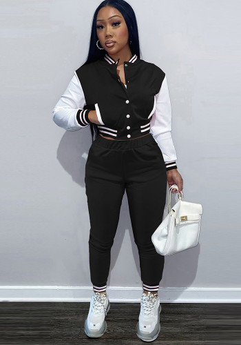 Women's Color Block Single Breasted Patchwork Long Sleeve Baseball Jersey Pants Two Piece Set For Women