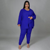 Plus Size Women Ribbed Solid Color Three-Piece Casual Sexy Pants Set