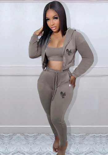 Women's Printed French Terry Hooded Sports Casual Three-Piece Pants Set