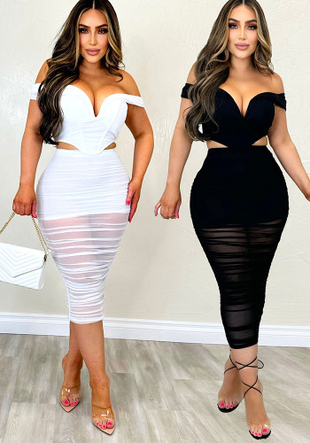 Slim And Sexy Mesh Patchwork See-Through Off Shoulder Bodycon Two-Piece Skirt Set