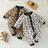 Autumn And Winter Newborn Baby Jumpsuit Warm Fleecee Long-Sleeved Baby Leopard Print Jumpsuit Cute Baby Crawling Set