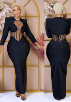 Fashionable Women's Solid Color See-Through Mesh Long Sleeve Maxi Dress