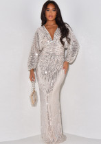 Women's Sequined Long Sleeve V-Neck Sexy Long Dress