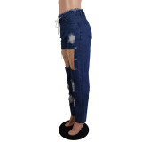Women's Spring Fashion Style Waist Lace-Up Casual Denim Pants