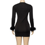 Autumn Solid Color Low Cut Feather Patchwork Long Sleeve Bodycon Dress