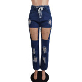 Women's Spring Fashion Style Waist Lace-Up Casual Denim Pants