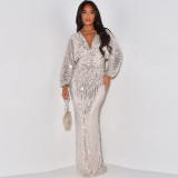 Women's Sequined Long Sleeve V-Neck Sexy Long Dress