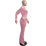 Women's Solid Color Velvet Long Sleeve Sexy Zipper Crop Top Pants Casual Sports Two Piece Set