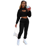 Fashionable Women's Clothing Fleece Drawstring Hoodie Vest And Jogging Pants Three-Piece Outfit