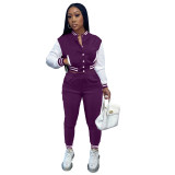 Women's Color Block Single Breasted Patchwork Long Sleeve Baseball Jersey Pants Two Piece Set For Women