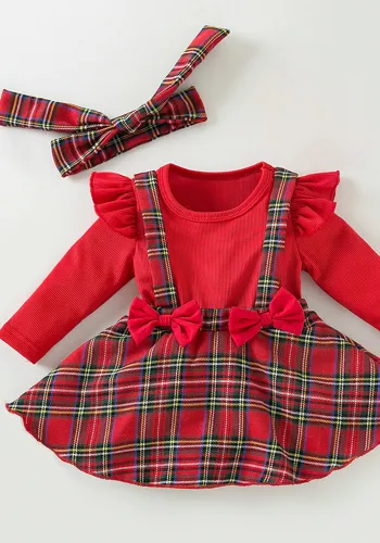 Baby Christmas Newborn Clothes Baby Long-Sleeved Fake Two-Piece Bow Plaid Dress