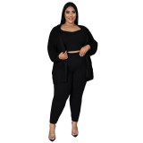 Plus Size Women Ribbed Solid Color Three-Piece Casual Sexy Pants Set
