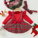 Baby Christmas Newborn Clothes Baby Long-Sleeved Fake Two-Piece Bow Plaid Dress