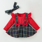 Baby Christmas Newborn Clothes Baby Long-Sleeved Fake Two-Piece Bow Plaid Dress