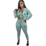 Women's Printed French Terry Hooded Sports Casual Three-Piece Pants Set