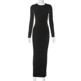 Women's Autumn Fashion Contrast Color Round Neck Long Sleeve Slit Long Dress