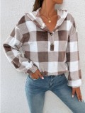 Autumn And Winter Plaid Button Hooded Loose Casual Hoodies Women's Clothing