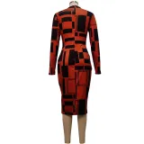 Women's Fashion Digital Printed Long Sleeve Round Neck Sexy Tight Fitting Bodycon Dress
