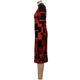 Women's Fashion Digital Printed Long Sleeve Round Neck Sexy Tight Fitting Bodycon Dress