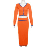 Autumn Women's Fashion Contrast Color Slim Long Sleeve Top Sexy Bodycon Skirt Set