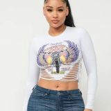 Round Neck Crop Cut Women's Tight Fitting Letter Long Sleeve Top T-Shirt
