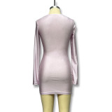 Autumn Low-Cut Slim-Fit Solid Color Long-Sleeved Short High-Waisted Bodycon Dress